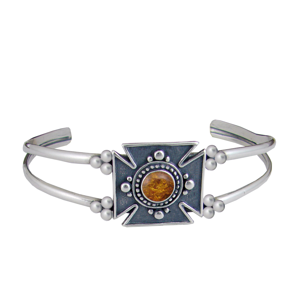 Sterling Silver Iron Cross Cuff Bracelet With Amber